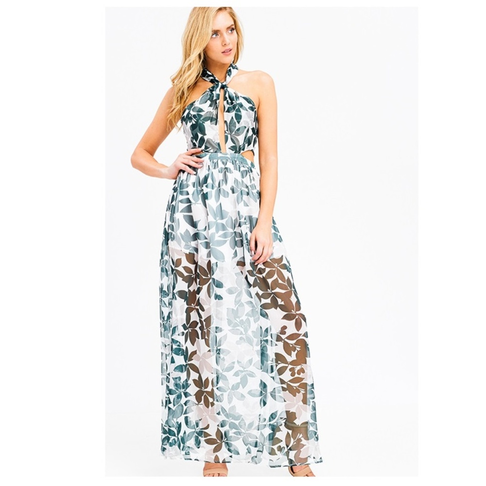 NWT Tropical Sheer Halter Maxi Dress - Picture 7 of 8